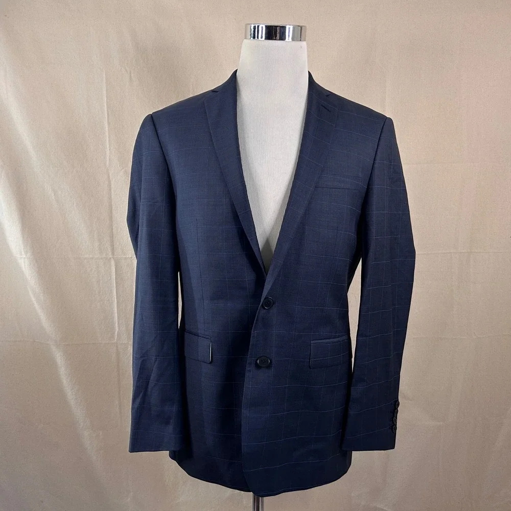 Charles Tyrwhitt 40R Suit 36x31 Wool Navy Windowpane Two Button Double Vented